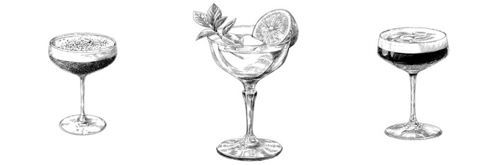 Modern black and white illustration of an Espresso Martini, depicted as a cocktail or mocktail in a linear line art style with engraving effects, isolated on a background
