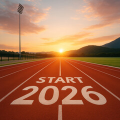 Vibrant running track at sunset, marked with START 2026, symbolizes new beginnings and aspirations. serene landscape enhances hopeful atmosphere