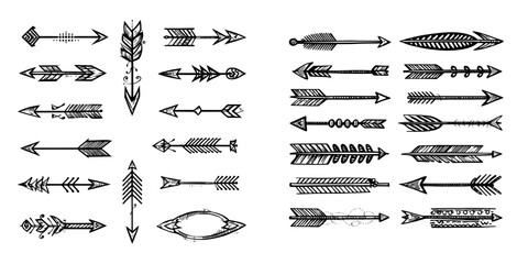 Flat linear icons of arrowheads are featured in a set with feathers and spearheads