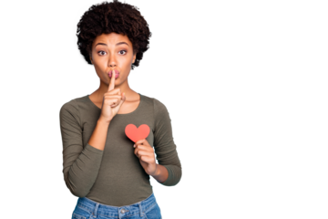 Photo of fashionable stylish trendy sweet serious casual  girlfriend  you red small card heart and to stop talking wearing jeans denim green shirt near empty space isolated vivid color blue background