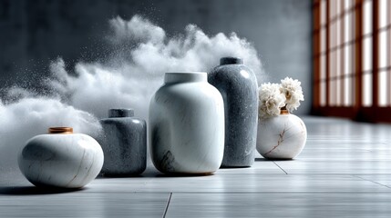 Zen white ceramic vases with mist and sunlight for wellness photography minimalist Japanese style interior calm decor