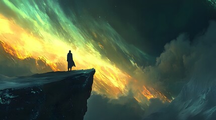 A figure standing on a cliff watching the northern lights