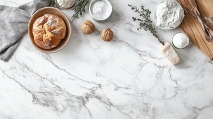 Marble kitchen counter with baking tools and ingredients for recipe food blog background top down composition