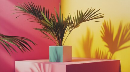 Vibrant shadows of palm leaves on wall for tropical design background summer vacation visual mood light play