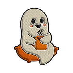 Relaxed ghost sitting on an orange cushion, enjoying a warm drink from a mug – cozy halloween vibes in embroidery texture.