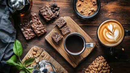 Coffee and snacks flatlay on wooden board for cafe breakfast branding food top view concept lifestyle editorial