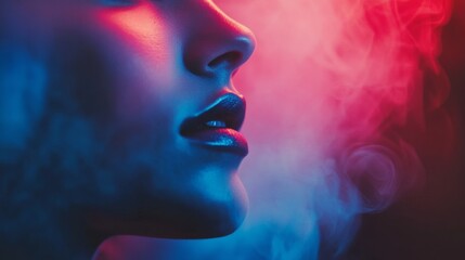 Side portrait of woman with pink smoke for fashion surreal art editorial bold color photography beauty mystery