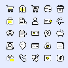 Outline black and yellow icons include shopping, delivery, service, and contact tools. Functional collection icon vector set for e-commerce systems.