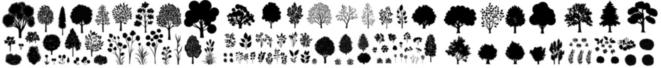 For architectural floor plans, a tree is utilized, and entourage design is incorporated, featuring various trees, bushes, and shrubs in top view for landscape design plans, presented in a modern