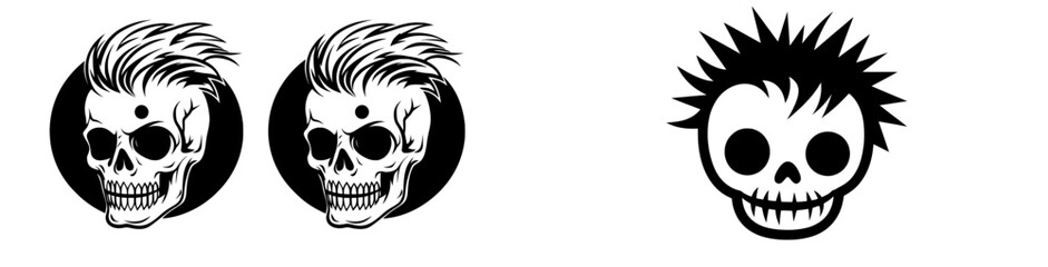 Modern illustration of a punk skull with a mohawk in black and white