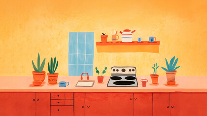 Obraz premium Painting kitchen countertop houseplant.