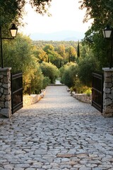 A stone pathway leads through a lush garden to a distant hilltop vista.  Sunlight filters through the trees