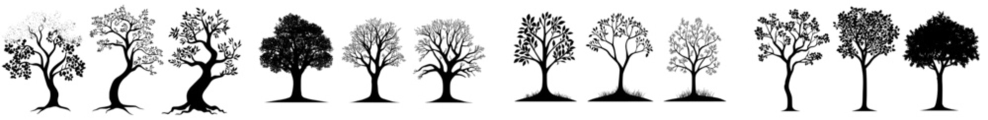A collection of watercolor green trees isolated on a white background is available for use in landscape and architecture drawings, as well as environmental and garden designs, particularly in