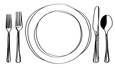 A one line drawing of plate and utensils creates a modern restaurant poster