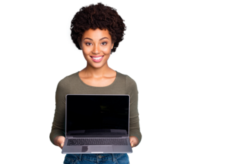 Photo of cheerful charming nice cute black woman demonstrating you new line of laptops with sales at once smiling toothily isolated over vivid color blue background