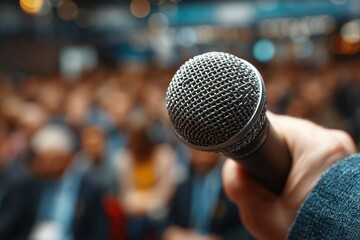 Public Speaking Moment. Close-up of microphone before audience.