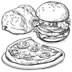 Black and white graphics in an engraving style are used to sketch a set of fast food, including dishes like pizza, hamburger, and roll
