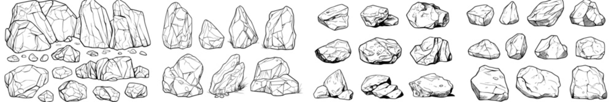 Rocks are used to create a drawing outline, with isolated stones forming line arts and mountain boulders serving as a sketch, while hand-drawn groups of rubble and ruins form an outline template