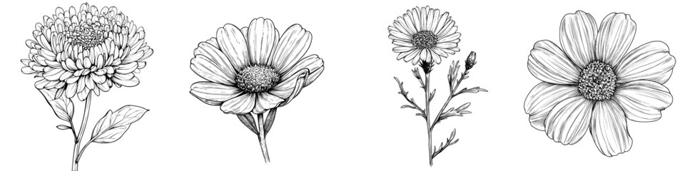 Modern illustration of Elecampane in a black and white outline, featuring a hand drawn graphic of the inula flower from Britannica, presented as line art with the officinalis herb on a transparent