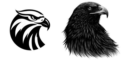 A white background provides the setting for a modern design of a hawk eagle's head in silhouette