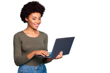 Photo of cheerful creative cute nice freelance worker wearing jeans denim holding electronic device with her hands laptop working with technology isolated over vivid color blue background