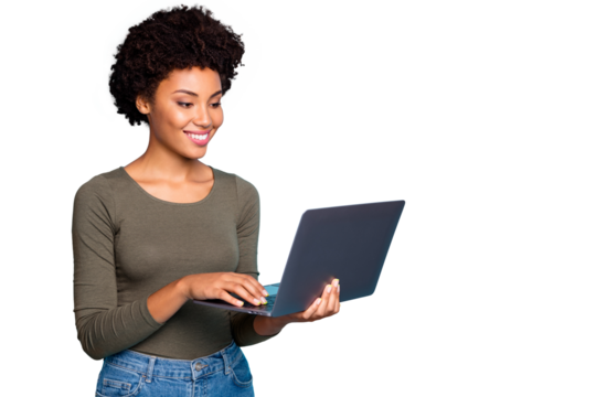 Photo of cheerful creative cute nice freelance worker wearing jeans denim holding electronic device with her hands laptop working with technology isolated over vivid color blue background