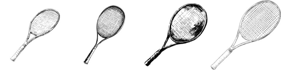 Fototapeta premium Modern pencil ink sketch of a tennis racket in black and white, rendered in monochrome engraving style