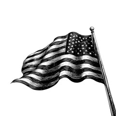 America's flag is depicted in a waving motion through an engraving sketch that is black and white in outline, presented as a scratch board imitation in a vintage line art style on a white background