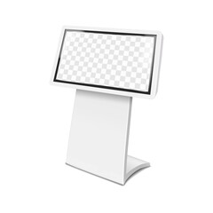 LCD computer monitor TV stand. 3d mockup. Video digital display billboard banner or interactive touch screen self-service kiosk on metal base. Realistic vector mock-up. Easy editable template
