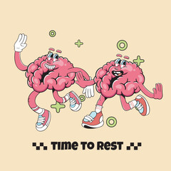 A vintage Style illustration of a brain character running, symbolizing the needed to rest and recharge, perfect for mental health, wellnes, productivity themed design, tshirt design, stickers design 