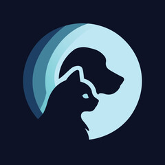 A blue toned circular logo features the silhouettes of a cat and a dog reminiscent of a yin yang symbol against a dark background
