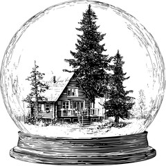 The snow globe has a vintage woodcut design with a cabin and pine tree inside