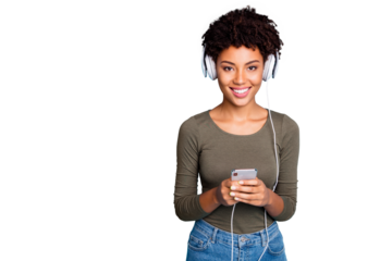 Copyspace photo of cheerful cute charming nice toothy girlfriend black skinned holding her phone with hands looking at you wearing jeans denim green sweater isolated over blue vivid color background