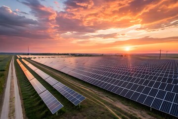 Powering tomorrow Solar farm at sunset mirroring golden hues in panels creating eco friendly energy