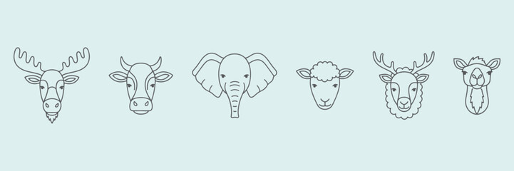 Farm animals like moose, cow, elephant, sheep, deer and camel hand drawn vector outline icons.