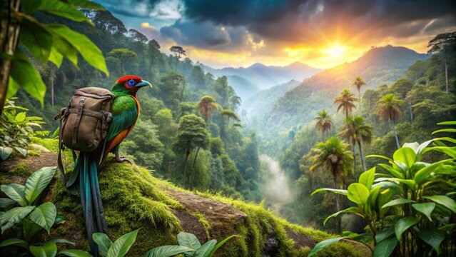 A colorful red-billed hornbill perches on a green branch in its tropical forest habitat