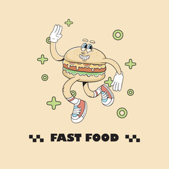 A fun And nostalgic illustration of a retro style hamburger character,perfect for food,snacks, tshirt design, stickers design,mascot design, or fast food themed design 