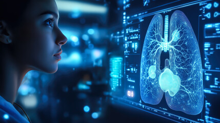 Naklejka premium A doctor carefully examines a virtual lung x-ray projection with focused attention. The integration of advanced technology in medical diagnostics. Generative AI