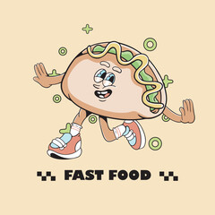 A fun and nostalgic illustration of a retro style tacos character,perfect for food, restaurant, identity , tshirt design, stickers design, or cafe shoop