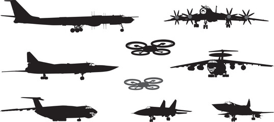 Planes and drones vector silhouettes collection. Airfield Theme