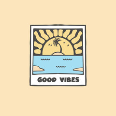 A serene And idyllic illustration of a sun shining over a small island with palm trees,perfect for tropical gateway,travel ,stickers design, tshirt design, paradise inspired design 
