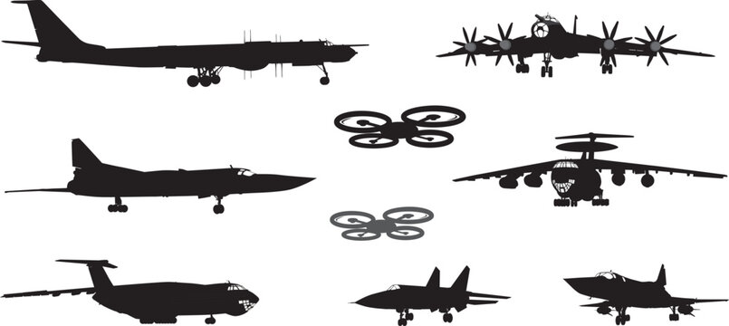 Planes and drones vector silhouettes collection. Airfield Theme