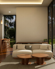 White fabric sofa and round wooden stool tables on grey carpet in a hotel lounge or dining hall.