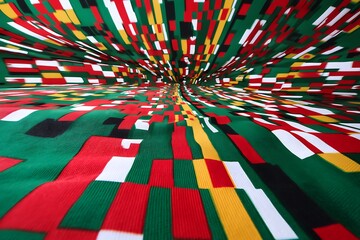 a colorful African kente cloth pattern bursting outward like a vibrant explosion, geometric shapes caught mid-motion on a pure