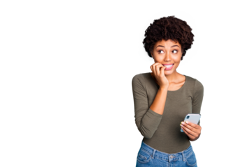 Portrait of scared emotions expression mulatto girl use cellphone have social media trouble failure send sms by mistake panic nail bite look wear green trendy pullover isolated blue color background