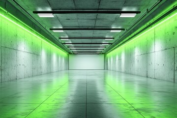 Obraz premium Empty, industrial-style hall, brightly lit with lime green accents