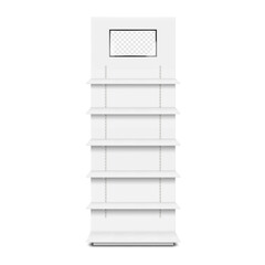 POP display stand with shelves and LED screen front view. Realistic 3d vector mockup. Floor standing retail exhibition rack construction with built-in LCD monitor. Mock-up. Template for design