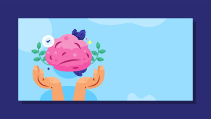 mental health and awareness banner concept. world brain day. maintaining brain health to prevent neurological disorders. illustrationa brain with hands. horizontal blue background. flat style