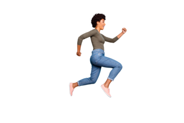 Full length body size photo of cheerful charming cute jumping fast quick woman running towards shopping mall for sales wearing jeans denim isolated over vivid color blue background