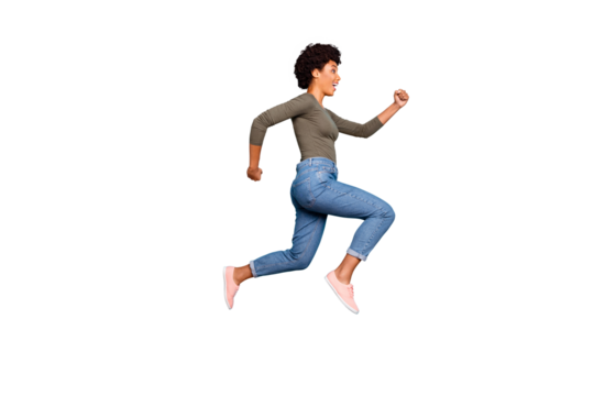 Full length body size photo of cheerful charming cute jumping fast quick woman running towards shopping mall for sales wearing jeans denim isolated over vivid color blue background